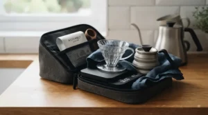 Slim and portable coffee scales with timer ideal for travel and mobile brewing setups.