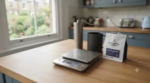 A small, battery-operated digital coffee scale packed alongside a travel mug and hand grinder.