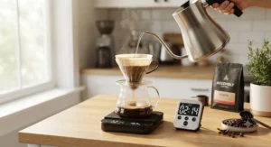 Step-by-step pour-over technique featuring a drip kettle, V60 dripper, and an electronic brew timer.