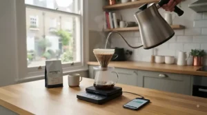A barista's hands holding a gooseneck kettle, carefully pouring hot water over coffee grounds in a V60 filter cone. The filter cone is positioned directly on the surface of the digital Bluetooth coffee scales, which show a precise real-time weight reading. Steam rises from the brewing coffee, indicating temperature stability.