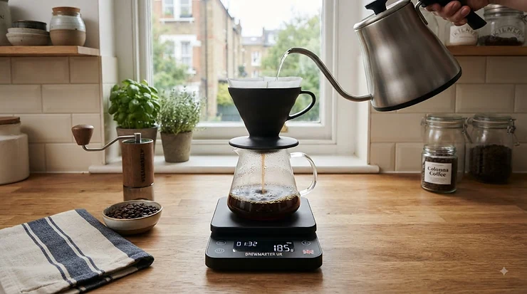 Stainless steel precision coffee scales accurate to 0.1g on a modern kitchen countertop preparing pour-over coffee in a London flat. precision coffee scales 0.1g