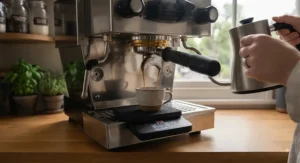 A commercial-style espresso machine extracting a shot into a cup resting on a Brewmaster UK precision 0.1g coffee scale on a wooden worktop.