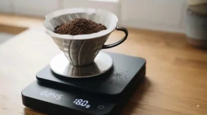 Close-up of fine coffee grounds on a digital scale showing an exact weight in grams.