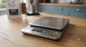 LED display of an affordable digital coffee scale showing a precise measurement down to 0.1 grams.
