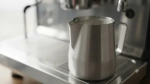 Detailed view of the non-drip precision pour spout on a stainless steel milk pitcher.