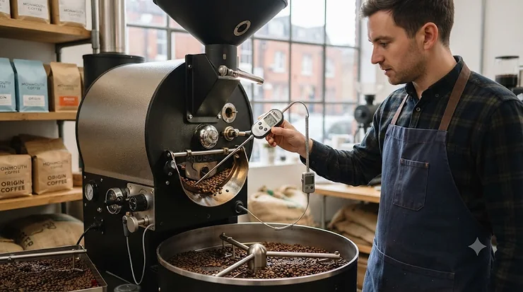 Professional probe thermometer inserted into a coffee roasting drum during a batch roast in a UK specialty roastery. probe thermometer for coffee roasting