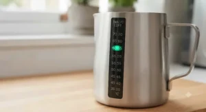 Close-up of a thermometer strip on a milk jug showing illuminated green numbers as the temperature rises during steaming.