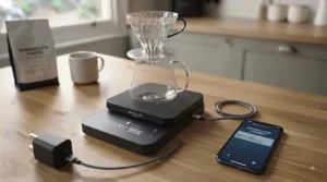 A close-up view of the Bluetooth coffee scales being charged. A braided USB-C cable is plugged into the side port of the scales, connected to a standard UK mains plug adaptor resting on a clean kitchen worktop, demonstrating the rechargeable capability.