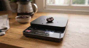 A Brewmaster UK rechargeable 0.1g precision coffee scale on an oak countertop, with a USB-C cable plugged in for charging near a window.