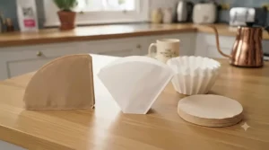 A hand holding a copper gooseneck kettle pours hot water to rinse a natural brown unbleached coffee filter paper inside a ceramic dripper, ensuring no paper taste in the final brew.