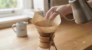 Pouring hot water from a gooseneck kettle over a paper filter inside a Chemex dripper to rinse it.