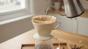 Boiling water being poured from a kettle to rinse a paper Melitta coffee filter in a dripper to remove paper taste.