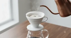 Hot water being poured from a gooseneck kettle to rinse a V60 filter paper and preheat the glass server.