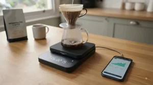 A smartphone screen displaying the Bluetooth coffee scales' companion mobile application. The app shows a detailed brewing dashboard with a real-time flow rate graph, total weight, and elapsed time. The smartphone is resting next to the coffee scales on a wooden surface, with a coffee bag in the blurred background.
