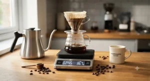 A smart electronic coffee scale with an integrated brew timer tracking water weight and extraction time.
