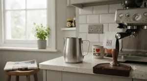 Professional stainless steel milk pitcher for barista coffee making on a kitchen counter.