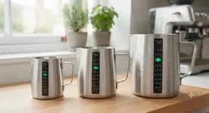 A line-up of small, medium, and large stainless steel coffee milk pitchers, each fitted with a clear temperature indicator strip.