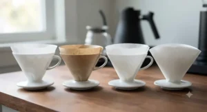 Selection of alternative brand filter papers compatible with V60 drippers displayed on a wooden countertop.