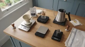 A flat lay arrangement of various affordable digital coffee scales and brewing accessories.