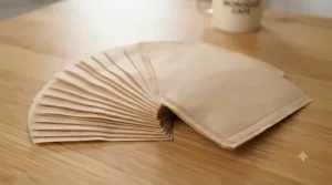 A detailed, textured close-up of natural brown unbleached coffee filter papers, showing their fibrous, biodegradable quality as they fan out on a wooden worktop.