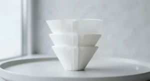 Three different sizes of V60 filter papers stacked to show the scale comparison for sizes 01, 02, and 03.