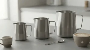 A collection of small, medium, and large stainless steel milk jugs lined up together.