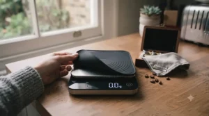 A silicone protective mat being placed on top of a digital coffee scale to prevent water splashes and coffee grounds damage.
