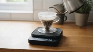 Digital coffee scales with timer featuring a protective heat-resistant silicone pad.
