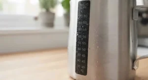Macro shot of a durable, dishwasher-safe liquid crystal thermometer strip adhered to a polished steel milk pitcher.