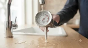 A waterproof milk thermometer being rinsed under a kitchen tap after a morning coffee routine.