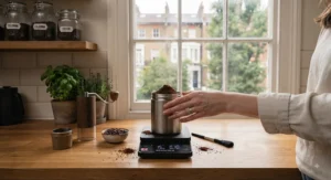A protective heat-resistant silicone mat placed on the surface of a waterproof Brewmaster UK 0.1g precision coffee scale, ready for brewing.
