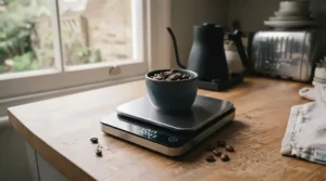 Close-up of specialty coffee beans being weighed out accurately on a sleek digital coffee scale with a built-in timer.