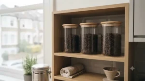Aesthetic glass coffee jar displayed on open kitchen shelving, showcasing the coffee beans inside.