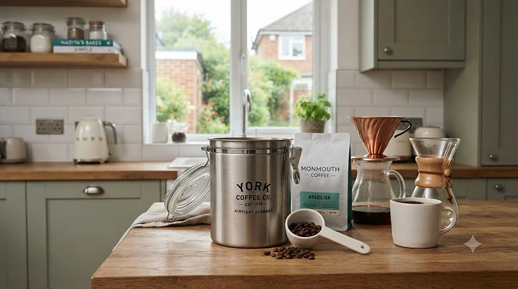 Stainless steel airtight coffee canister with a one-way valve on a modern kitchen worktop, keeping ground coffee fresh. airtight coffee canister