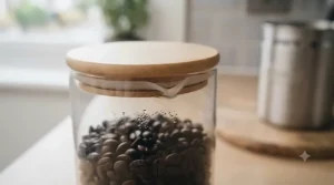 Airtight glass coffee jar with a rubber seal designed to keep ground coffee and beans fresh.