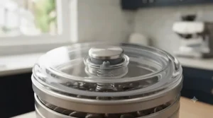 Macro close-up shot of the push-button locking mechanism on the lid of a vacuum sealed coffee container.