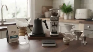 A modern kitchen worktop set up with a cafetiere, drip filter machine, and accessories for making filter coffee at home.