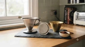 Selection of various sizes of reusable metal coffee filters designed for standard UK coffee makers.