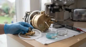 Inspecting internal brass boiler components and rubber seals of a coffee machine for acid corrosion safety.