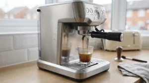 Freshly brewed espresso shot with rich crema poured from a freshly cleaned coffee machine