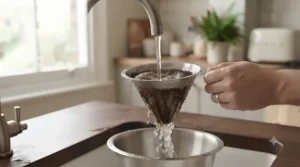 Rinsing a fine-mesh metal coffee filter under a kitchen tap to remove coffee grounds and maintain longevity.