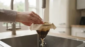 Rinsing a stained fabric coffee filter under warm tap water with natural dish soap for zero-waste maintenance.