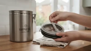 Hands disassembling the removable silicone seal and lid of an airtight coffee canister for cleaning.