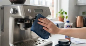Wiping down the stainless steel exterior of a clean espresso machine with a microfiber cloth.