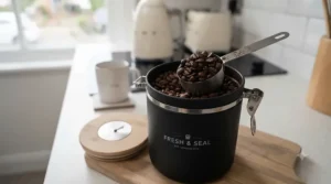 An affordable coffee storage canister filled with whole coffee beans next to a scoop on a wooden table.
