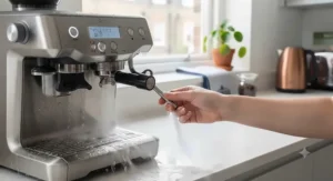 Hot water dispensing from a coffee machine steam wand during the final rinsing stage.