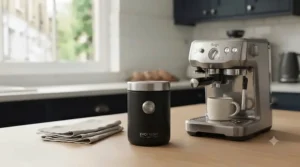 A compact black vacuum sealed coffee container neatly tucked away beside a countertop espresso machine in a flat kitchen.