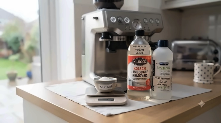 Infographic comparing the cost-effectiveness of bulk citric acid versus branded coffee machine descaler. descaling solution vs citric acid for coffee machines