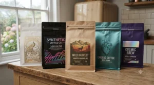 Range of colourful, custom-branded resealable coffee bags featuring artisan coffee roastery logos.