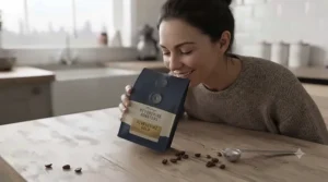 Coffee enthusiast smelling the rich aroma from a newly opened bag of specialty coffee beans.